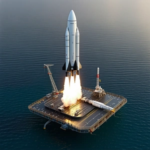 A Large Rocket Ship On A Floating Platform In The Ocean