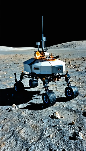 A Robotic Vehicle Is Parked On The Moon, With Its Wheels Facing The Camera