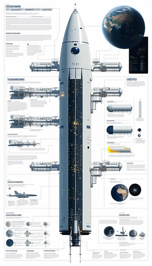 A Large Poster Is Displayed, Showing A Rocket Ship In Various Stages Of Construction