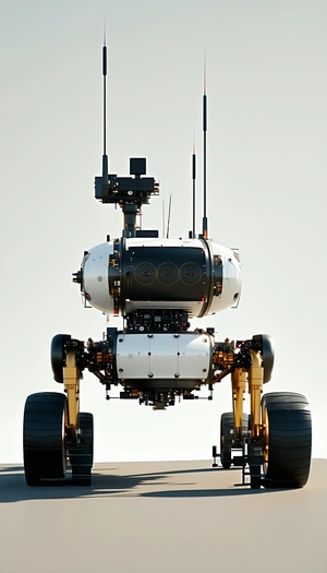 A Large, White, And Black Robotic Vehicle With A Distinctive Humanoid Shape
