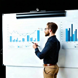 Business Advertising Photography: Finance professional using digital whiteboard