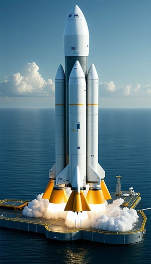 A Large White Rocket Ship With A Yellow Stripe On Its Side, Sitting On A Platform In The Ocean