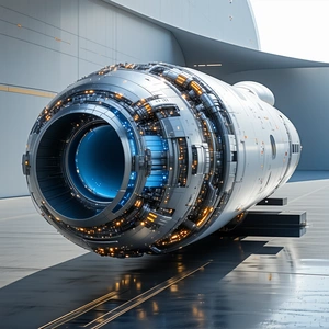 A Large White Space Shuttle Is Parked In A Hangar