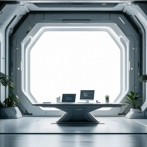 The image features a futuristic room with a large window.