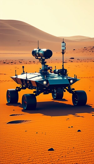 A Large Robotic Vehicle, Possibly A Tank, Sitting In A Desert-like Environment