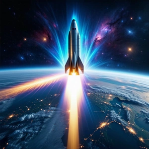 A Rocket Launching Into Space, With Its Trail Of Smoke Visible As It Ascends