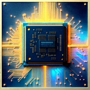 Tech Woodcut Print: Microchip with holographic projection