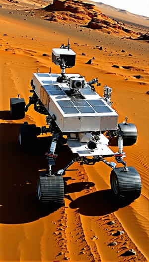 A Large White Robotic Vehicle With A Camera On Top, Driving Across A Sandy Terrain