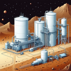 The Image Is A Colorful Illustration Of A Factory On A Distant Planet