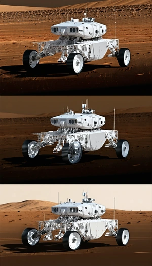 The Image Is A Split-screen Display Of A White Robotic Vehicle, Likely A Rover, On A Sandy Surface