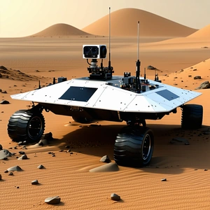 A White Robotic Vehicle Is Sitting On A Rocky Surface In A Desert-like Environment