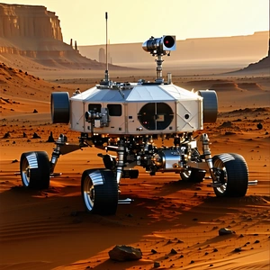 A Large Robotic Vehicle, Possibly A Rover, Sitting On A Dirt Surface In A Desert-like Environment