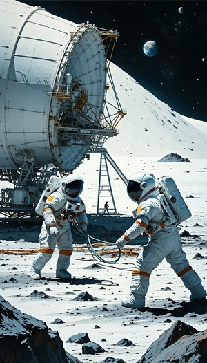 In The Image, There Are Two Astronauts Standing On The Moon, Wearing White Suits