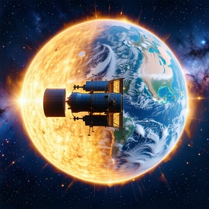 A Large, Bright Sun In The Center Of The Frame, With A Space Shuttle Flying Past It