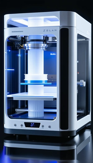 A 3d Printer Is Shown In A Close-up View, With A Blue And White Plastic Object Being Printed