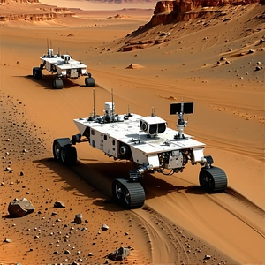 A Pair Of Robotic Vehicles Are Driving Across A Rocky Terrain
