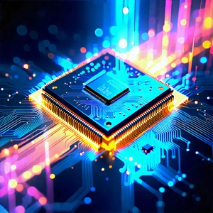 Tech Ink Drawing: Microchip With Holographic Projection With Close-up Computer