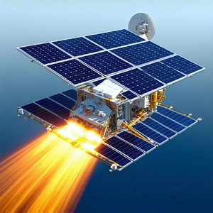 A Spacecraft With A Solar Panel On Its Side, Flying Through The Sky