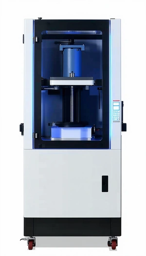 A White Machine With A Blue Top, Likely A Machine Used For Processing Or Manufacturing
