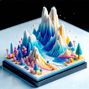 3d Printer With Digital Particles With Model Mountain