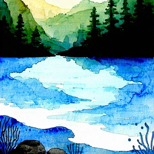 Nature Watercolor Painting: Coral Reef In Rainy Season With Beautiful Waterfall
