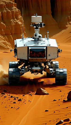 A Large White Robot Is Driving Through A Desert Landscape
