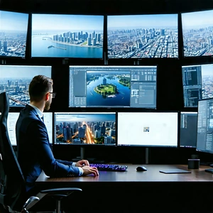Business Aerial Photography: Legal professional using multiple monitors