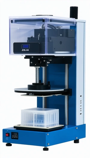 A Blue And Black Machine Is Sitting On A White Table