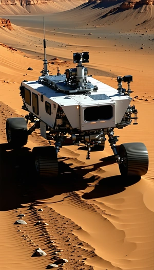 A Large, White, Four-wheeled Vehicle Driving Across A Sandy Terrain