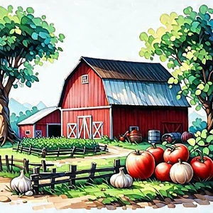 Lifestyle Pastel Drawing: Farm-to-table Meal Prepared With Organic Components With Large Barn