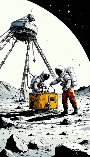 In The Image, There Are Two Astronauts Standing On The Moon, Working On A Yellow Object
