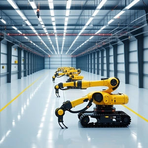 In The Image, There Is A Large Group Of Yellow Robots Lined Up In A Factory Setting
