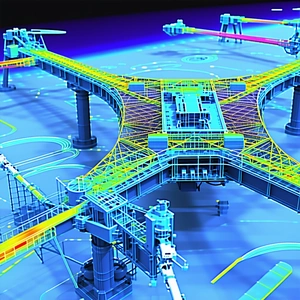 A Large, Blue, Three-dimensional Model Of A Bridge Is Displayed In A Room