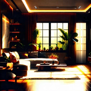 Lifestyle Flat Design: Cozy living room with warm lighting