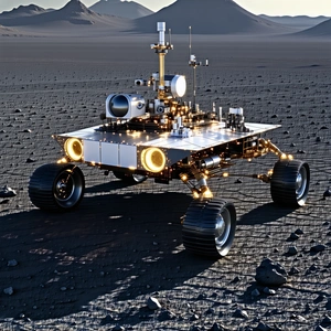 A Futuristic Robotic Vehicle, Possibly A Rover, Parked On A Rocky Surface
