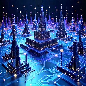 Blockchain Network Visualization With Futuristic Cityscape