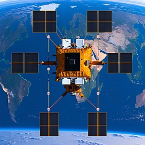 A Large Satellite With A Yellow And Black Color Scheme, Floating In The Sky Above The Earth
