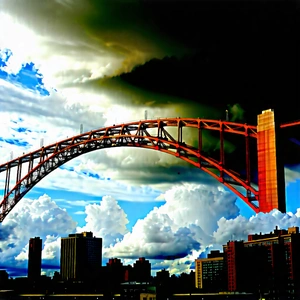 Urban Lithograph: Iconic Bridge With Dramatic Clouds With Large Bridge