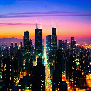 Urban Concept Art: Cityscape Of Urban Skyline During (sunset:1.2) With Nighttime View