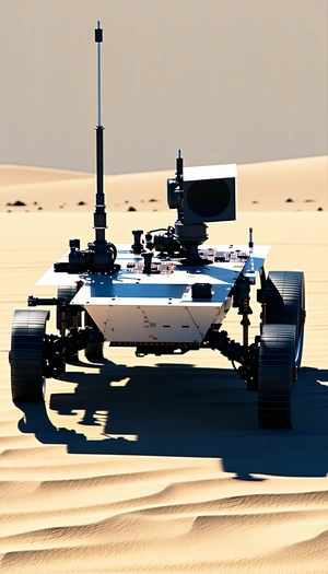 A White Robotic Vehicle With A Large Antenna On Top, Driving Across A Sandy Terrain