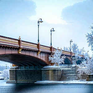 Urban Macro Photography: Iconic Bridge With Snow Covering With Bridge Train