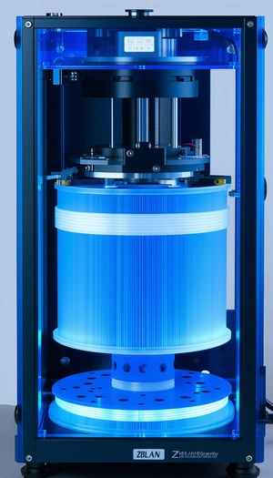 A Large Blue Cylinder, Possibly A Vase Or A Container, With A Blue Light Shining Through It