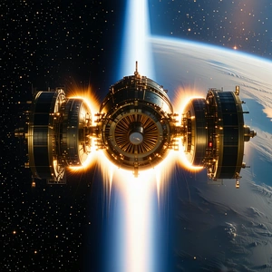 A Spacecraft Is Shown In The Image, With Its Engine Glowing Brightly