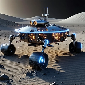 A Futuristic Vehicle Is Parked On A Rocky Surface, With A Dirt Field Surrounding It