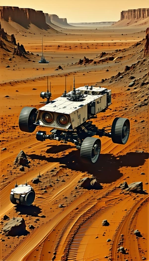 A Futuristic Vehicle Is Driving Across A Rocky Terrain, With A Red Dirt Surface