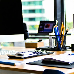 Business Professional Photography: Workplace with modern office supplies on desk