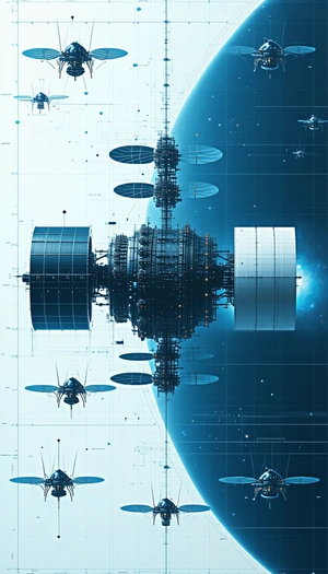 In This Futuristic Image, A Massive Space Station Is Depicted With A Large Satellite Dish On Top