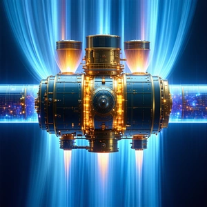 In The Image, There Is A Large, Futuristic-looking Machine With A Blue And Gold Color Scheme