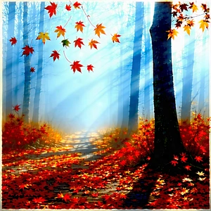 Nature Woodcut Print: Autumn leaves in misty environment