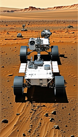 A Large, White, And Silver Robotic Vehicle With Four Wheels, Driving On A Dirt Road
